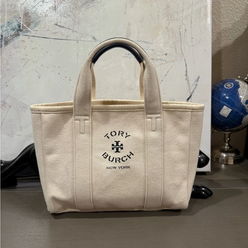 NEW!! Tory Burch Small Mercer Street Tote Canvas Ivory Logo  Authenticated